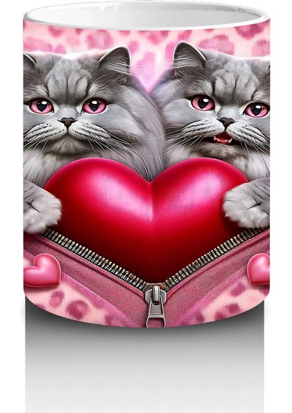 Kalp Figürü Tutan Leopar Desenli Sevimli Kedi Çifti - Baskılı Kahve Kupası modelleri