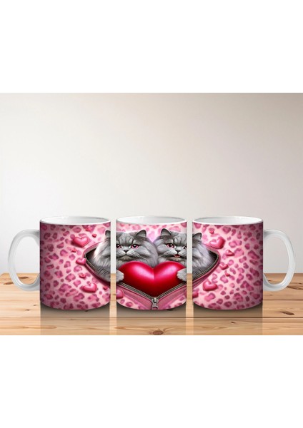 Kalp Figürü Tutan Leopar Desenli Sevimli Kedi Çifti - Baskılı Kahve Kupası indirimleri
