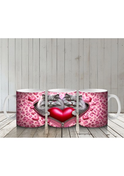 Kalp Figürü Tutan Leopar Desenli Sevimli Kedi Çifti - Baskılı Kahve Kupası