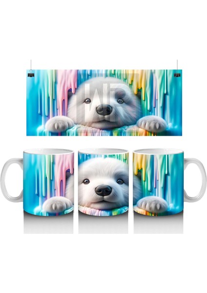 Renkli Erimiş Boyalar Arasında Yüzünü Uzatan Kutup Ayısı - Baskılı Kahve Kupası