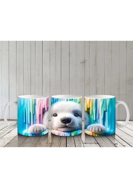 Renkli Erimiş Boyalar Arasında Yüzünü Uzatan Kutup Ayısı - Baskılı Kahve Kupası