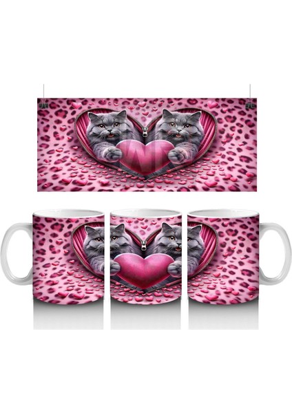 Leopar Desenli Zeminde Kalpli Figür Tutan Gri Kediler - Baskılı Kahve Kupası