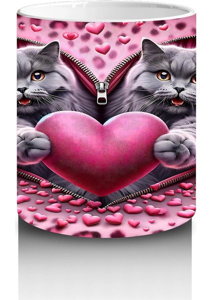 Leopar Desenli Zeminde Kalpli Figür Tutan Gri Kediler - Baskılı Kahve Kupası modelleri