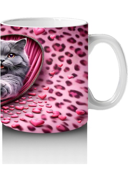 Leopar Desenli Zeminde Kalpli Figür Tutan Gri Kediler - Baskılı Kahve Kupası fırsatları