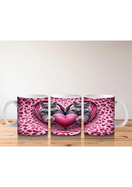 Leopar Desenli Zeminde Kalpli Figür Tutan Gri Kediler - Baskılı Kahve Kupası indirimleri