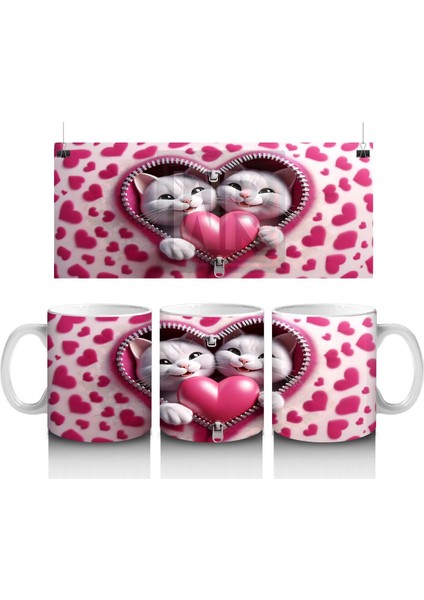 Kalpli Çerçevede Sarılmış Iki Sevimli Kedi – Baskılı Kahve Kupası