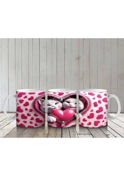 Kalpli Çerçevede Sarılmış Iki Sevimli Kedi – Baskılı Kahve Kupası