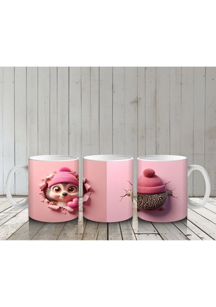 Sevimli Bebek ve Bere Takmış Oyuncak Kirpi – Baskılı Kahve Kupası