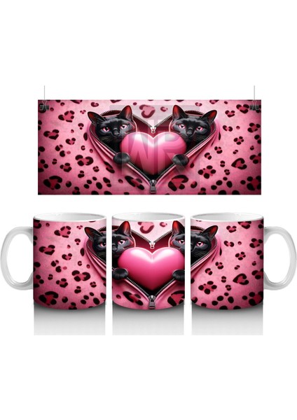 Leopar Desen Fon Üzerinde Aşık Kediler – Baskılı Kahve Kupası