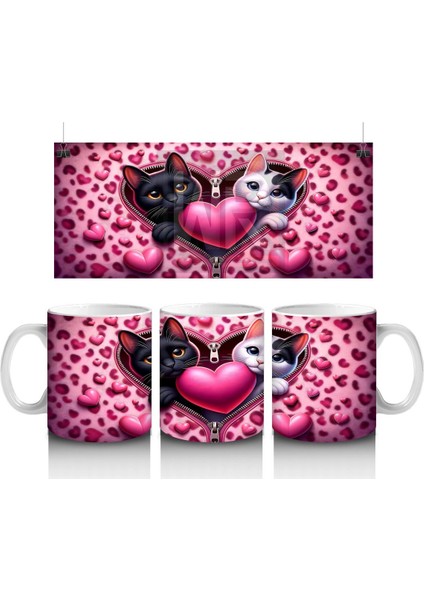 Pembe Kalpli Fon Üzerinde Siyah Beyaz Kedi Çifti – Baskılı Kahve Kupası