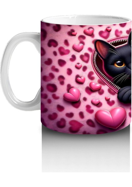 Pembe Kalpli Fon Üzerinde Siyah Beyaz Kedi Çifti – Baskılı Kahve Kupası fiyatları