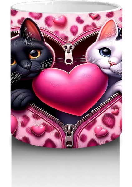 Pembe Kalpli Fon Üzerinde Siyah Beyaz Kedi Çifti – Baskılı Kahve Kupası modelleri
