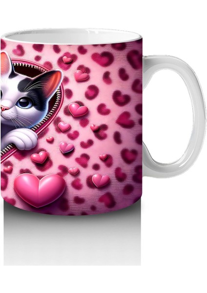 Pembe Kalpli Fon Üzerinde Siyah Beyaz Kedi Çifti – Baskılı Kahve Kupası fırsatları