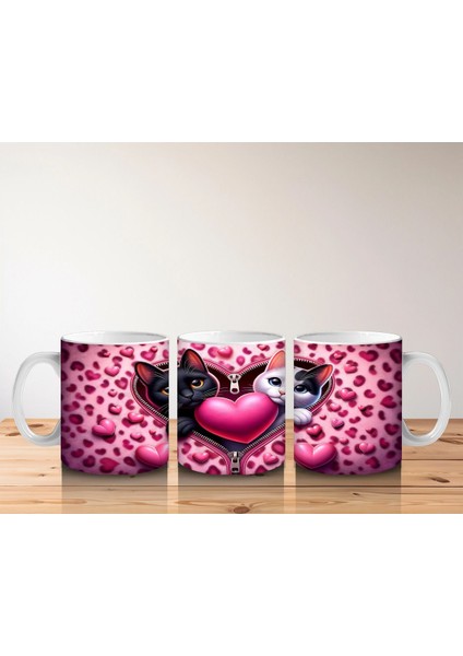 Pembe Kalpli Fon Üzerinde Siyah Beyaz Kedi Çifti – Baskılı Kahve Kupası indirimleri