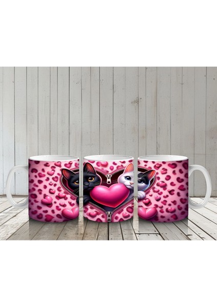 Pembe Kalpli Fon Üzerinde Siyah Beyaz Kedi Çifti – Baskılı Kahve Kupası