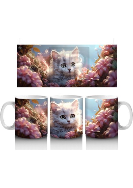 Çiçek Bahçesi Arasında Parlayan Kedi – Baskılı Kahve Kupası