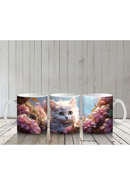 Çiçek Bahçesi Arasında Parlayan Kedi – Baskılı Kahve Kupası