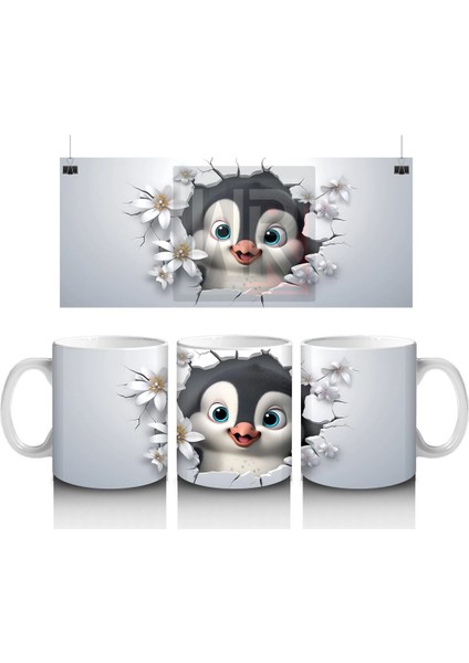 Çiçeklerle Süslenmiş Penguen Maskotu – Baskılı Kahve Kupası