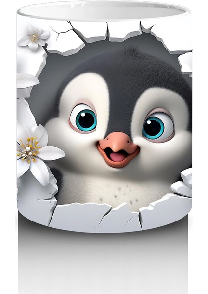 Çiçeklerle Süslenmiş Penguen Maskotu – Baskılı Kahve Kupası modelleri