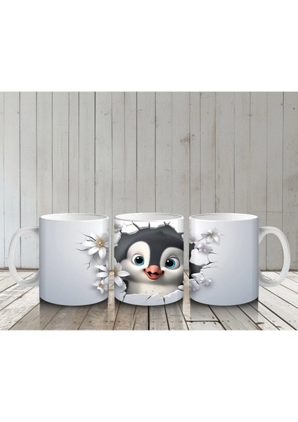 Çiçeklerle Süslenmiş Penguen Maskotu – Baskılı Kahve Kupası