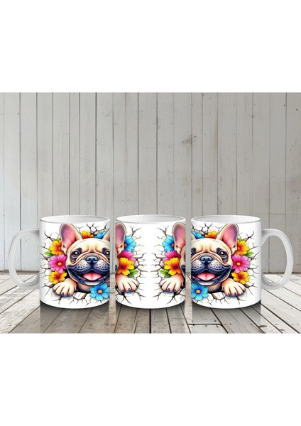 Renkli Çiçekli Fon Üzerinde Fransız Bulldog – Baskılı Kahve Kupası