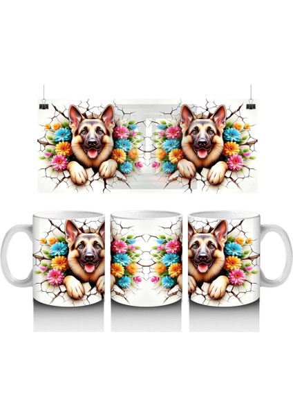 Renkli Çiçekli Çerçevede Neşeli Köpekler – Baskılı Kahve Kupası