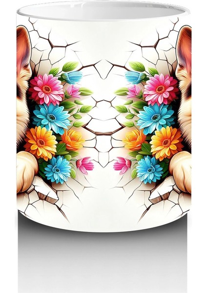 Renkli Çiçekli Çerçevede Neşeli Köpekler – Baskılı Kahve Kupası modelleri