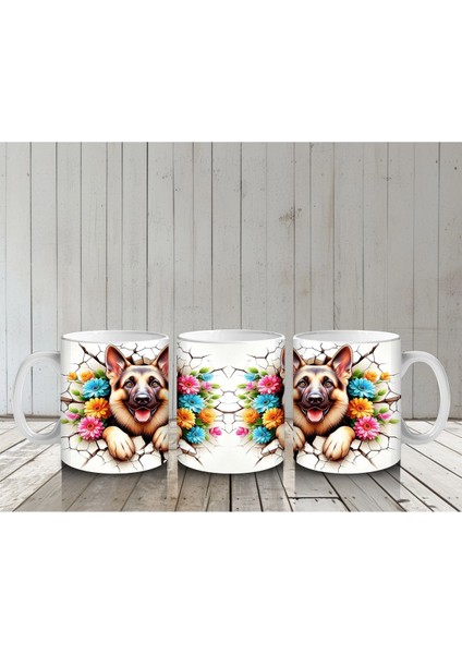 Renkli Çiçekli Çerçevede Neşeli Köpekler – Baskılı Kahve Kupası