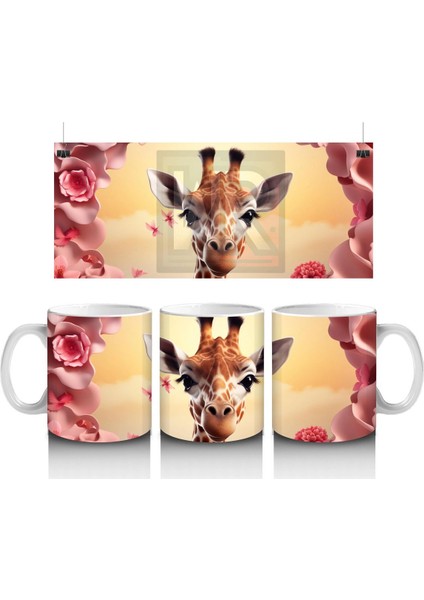 Pembe Çiçekler Arasında Sevimli Zürafa - Baskılı Kahve Kupası