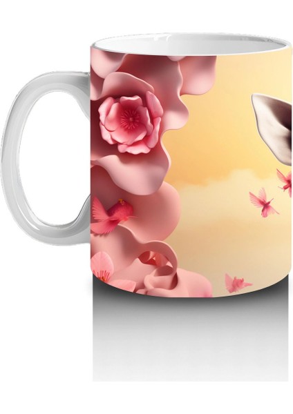 Pembe Çiçekler Arasında Sevimli Zürafa - Baskılı Kahve Kupası fiyatları