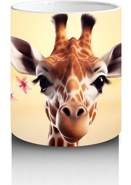 Pembe Çiçekler Arasında Sevimli Zürafa - Baskılı Kahve Kupası modelleri