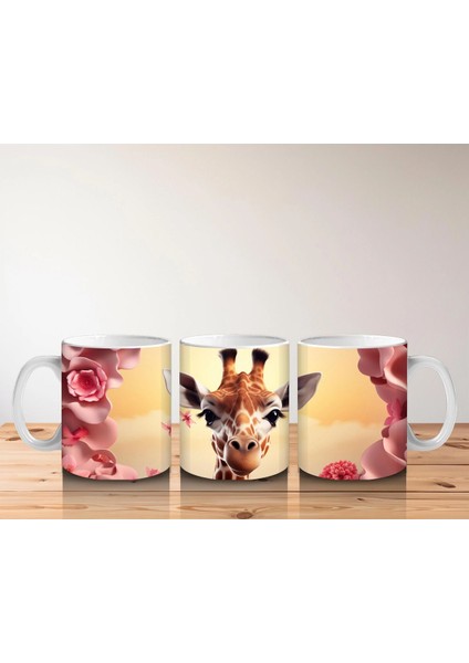 Pembe Çiçekler Arasında Sevimli Zürafa - Baskılı Kahve Kupası indirimleri