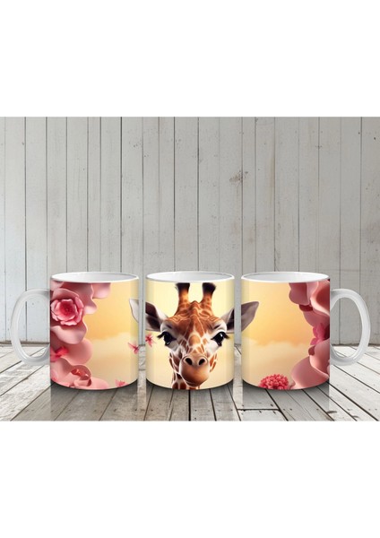 Pembe Çiçekler Arasında Sevimli Zürafa - Baskılı Kahve Kupası
