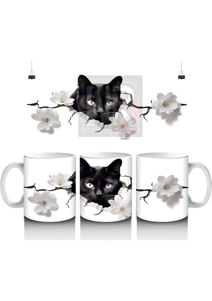 Beyaz Çiçeklerle Kaplı Siyah Kedi – Baskılı Kahve Kupası