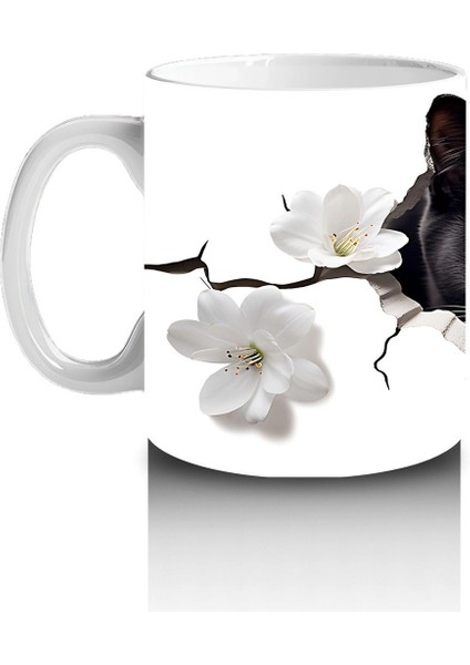 Beyaz Çiçeklerle Kaplı Siyah Kedi – Baskılı Kahve Kupası fiyatları