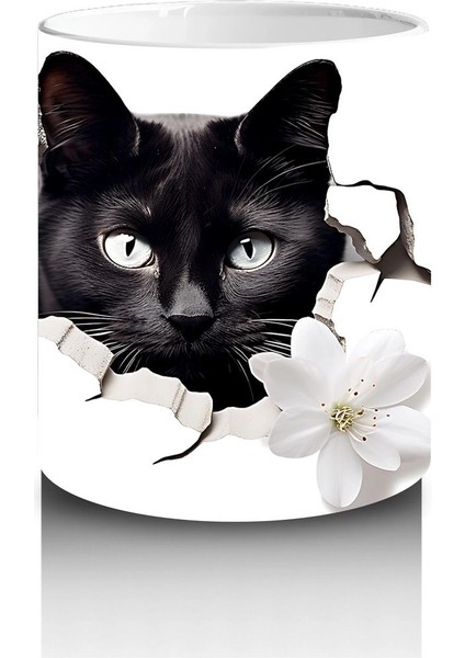 Beyaz Çiçeklerle Kaplı Siyah Kedi – Baskılı Kahve Kupası modelleri