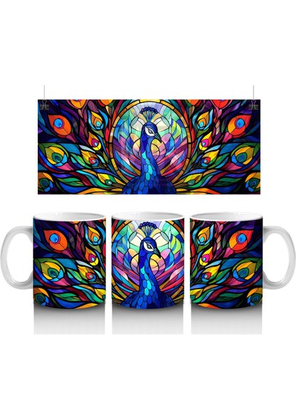 Renkli Tüy Desenleriyle Zarif Tavus Kuşu – Baskılı Kahve Kupası