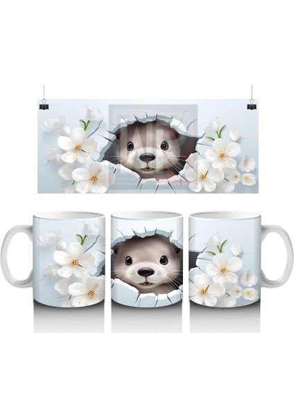 Beyaz Çiçeklerle Süslenmiş Sevimli Su Samuru – Baskılı Kahve Kupası