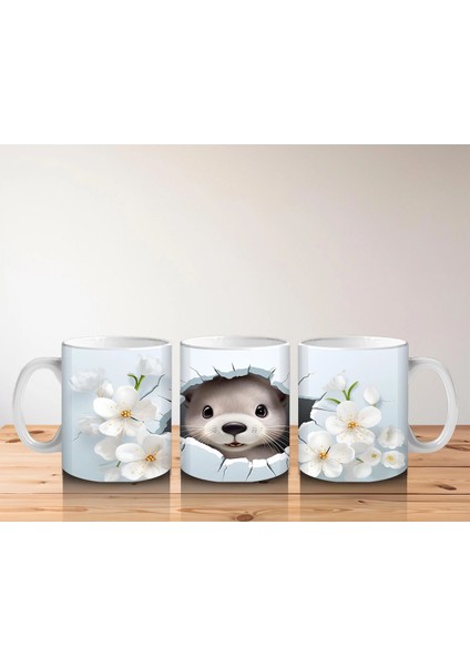 Beyaz Çiçeklerle Süslenmiş Sevimli Su Samuru – Baskılı Kahve Kupası indirimleri