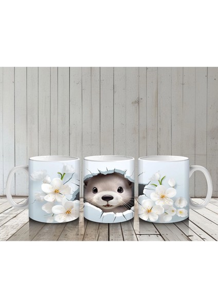 Beyaz Çiçeklerle Süslenmiş Sevimli Su Samuru – Baskılı Kahve Kupası