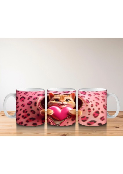 Leopar Desenli Fon Üzerinde Kalpli Kedicik – Baskılı Kahve Kupası indirimleri