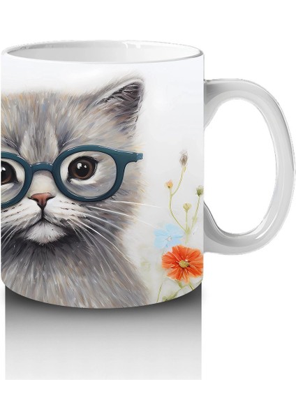 Çiçekli Zemin Üzerinde Gözlüklü Sevimli Kedi – Baskılı Kahve Kupası fırsatları