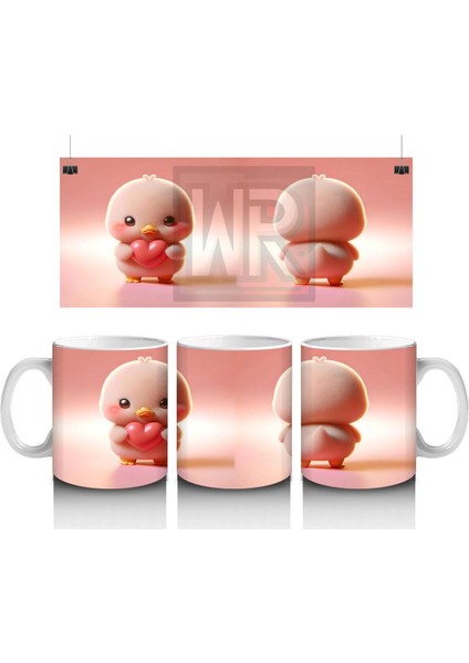 Kalpli Figür Tutan Sevimli Pembe Civciv (Ön ve Arka) - Baskılı Kahve Kupası