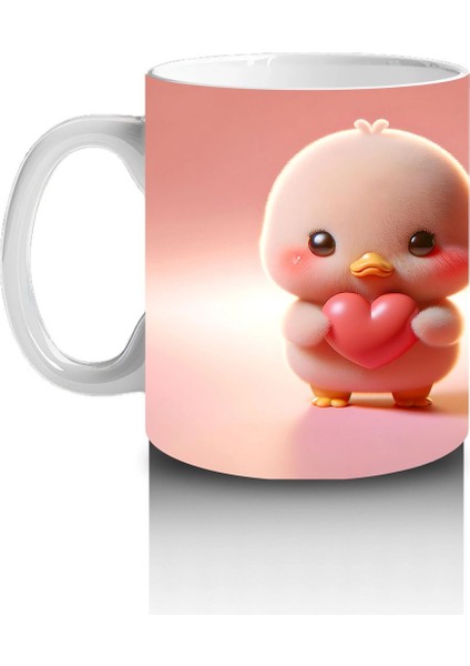 Kalpli Figür Tutan Sevimli Pembe Civciv (Ön ve Arka) - Baskılı Kahve Kupası fiyatları