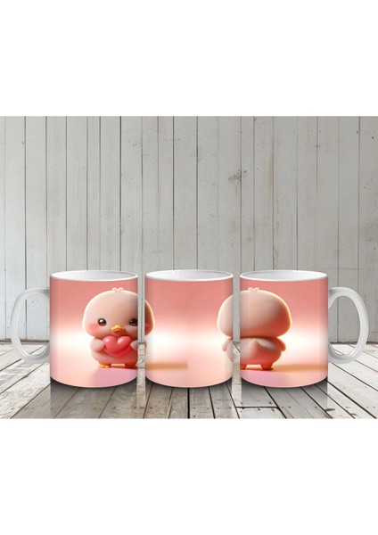 Kalpli Figür Tutan Sevimli Pembe Civciv (Ön ve Arka) - Baskılı Kahve Kupası