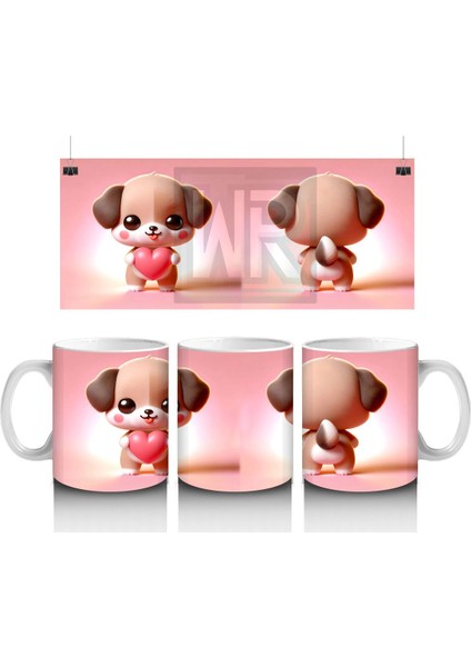 Kalpli Figür Tutan Sevimli Köpekçik (Ön ve Arka) - Baskılı Kahve Kupası
