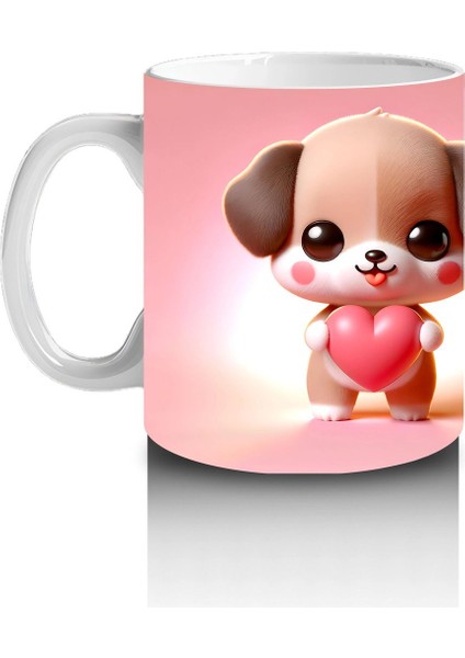 Kalpli Figür Tutan Sevimli Köpekçik (Ön ve Arka) - Baskılı Kahve Kupası fiyatları