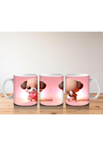 Kalpli Figür Tutan Sevimli Köpekçik (Ön ve Arka) - Baskılı Kahve Kupası indirimleri
