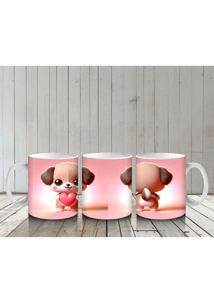 Kalpli Figür Tutan Sevimli Köpekçik (Ön ve Arka) - Baskılı Kahve Kupası