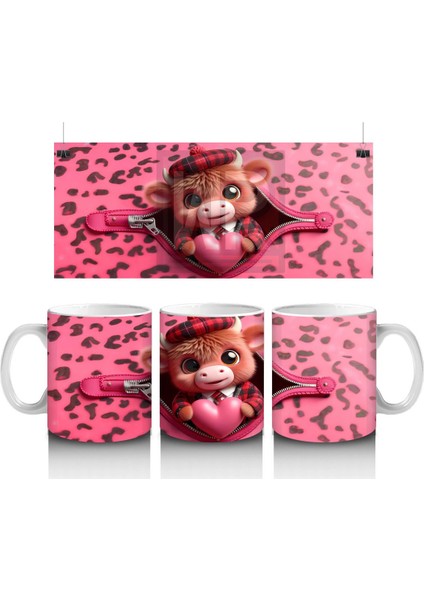 Leopar Desenli Kalpli Zeminde Sevimli Inek Karakteri - Baskılı Kahve Kupası